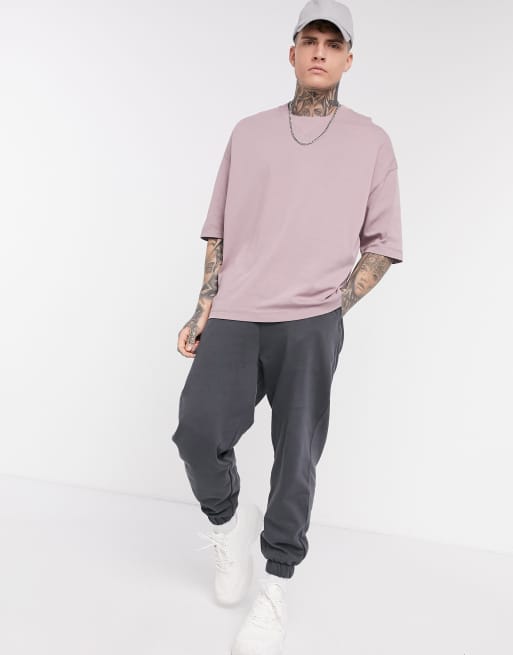 ASOS DESIGN - Oversized T-shirt van zware stof met halve mouwen en brede boord in paarse wassing