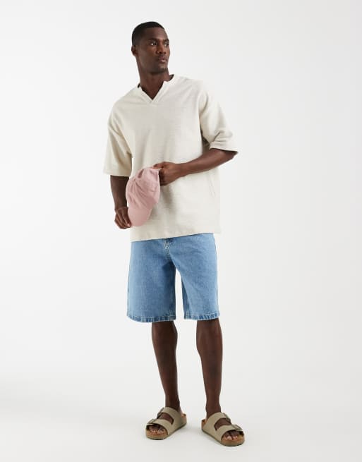 ASOS DESIGN - Oversized T-shirt van zware stof met inkeping in de hals en textuur in beige, 3 van 5