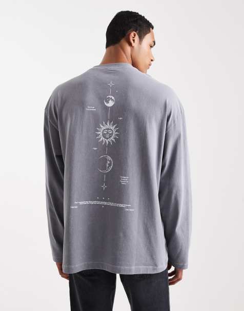 ASOS DESIGN - Oversized T-shirt van zware stof met lange mouwen en grafische print van hemellichamen over de ruggengraat in verwassen grijs - view 1