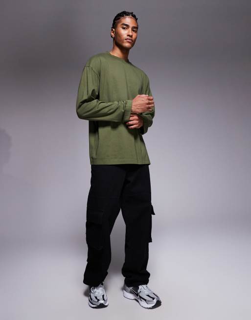 ASOS DESIGN - Oversized T-shirt van zware stof met lange mouwen in kaki, 2 van 5