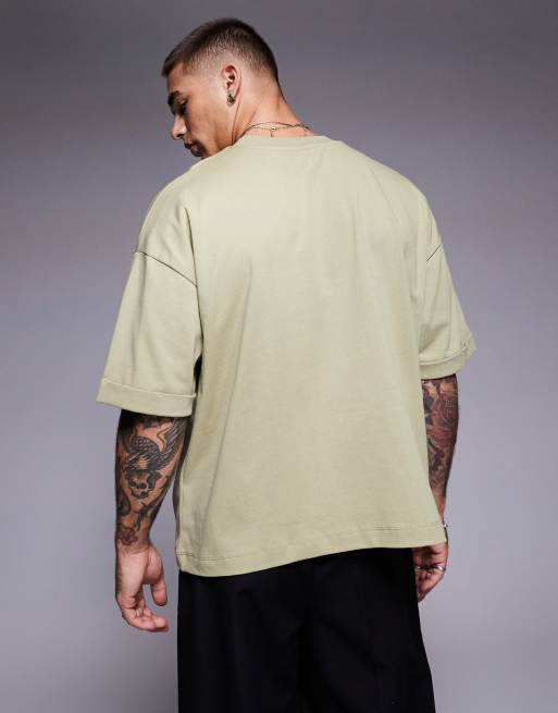 ASOS DESIGN - Oversized T-shirt van zware stof met opgerolde mouwen in kaki  , 4 van 4