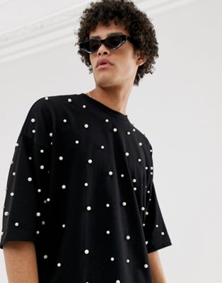 ASOS DESIGN - Oversized T-shirt van zware stof met parels in zwart