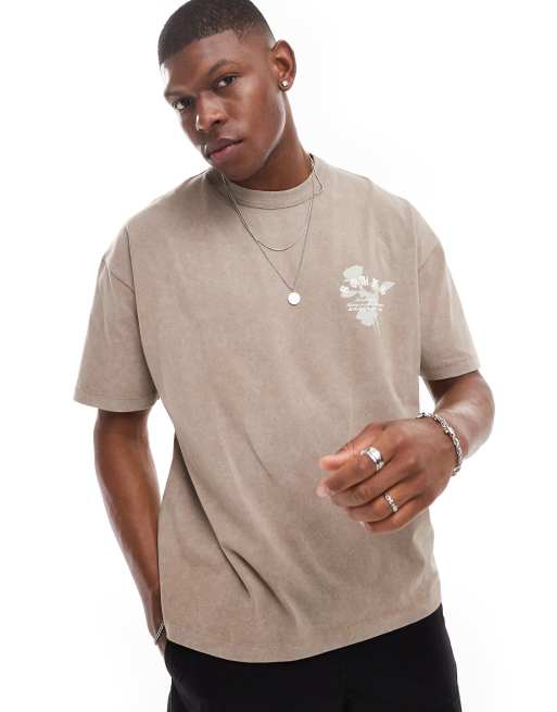 ASOS DESIGN - Oversized T-shirt van zware stof met print en wassing in bruin
