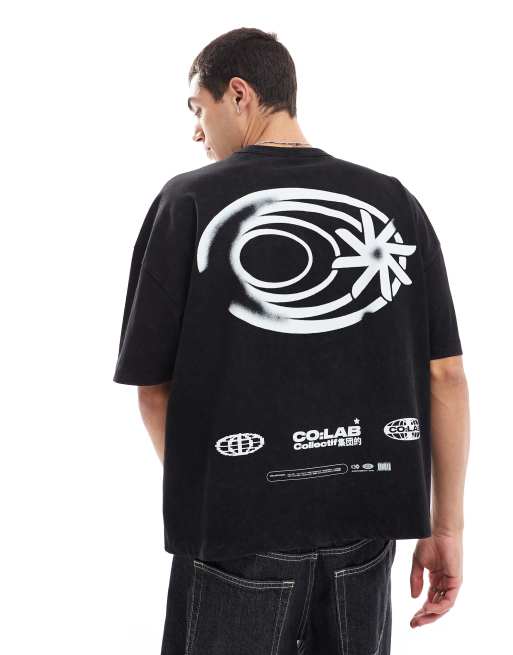 ASOS DESIGN - Oversized T-shirt van zware stof met print op de rug in zwart met wassing