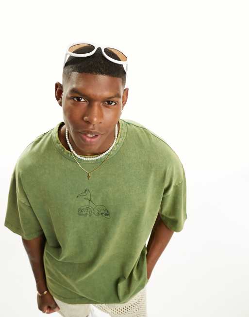 ASOS DESIGN - Oversized T-shirt van zware stof met schedelprint op de borst en wassing in groen