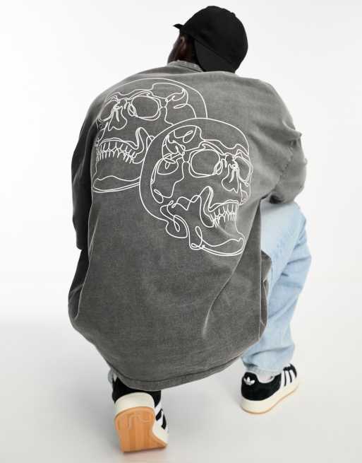 ASOS DESIGN - Oversized T-shirt van zware stof met schedelprint op de rug en wassing in zwart