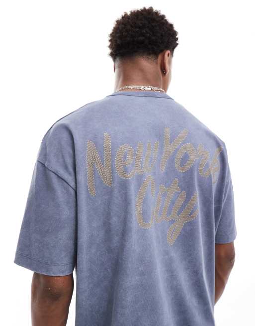 ASOS DESIGN - Oversized T-shirt van zware stof met stadsprint op de achterkant in verwassen marineblauw