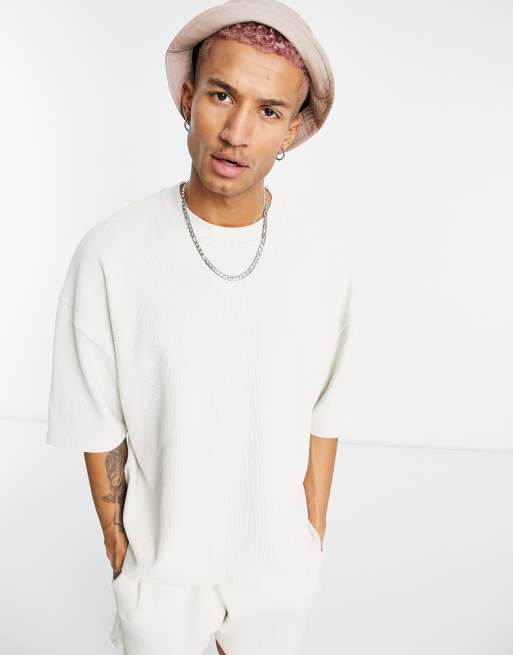 ASOS DESIGN - Oversized T-shirt van zware stof met wafelstructuur in beige, deel van co-ord set