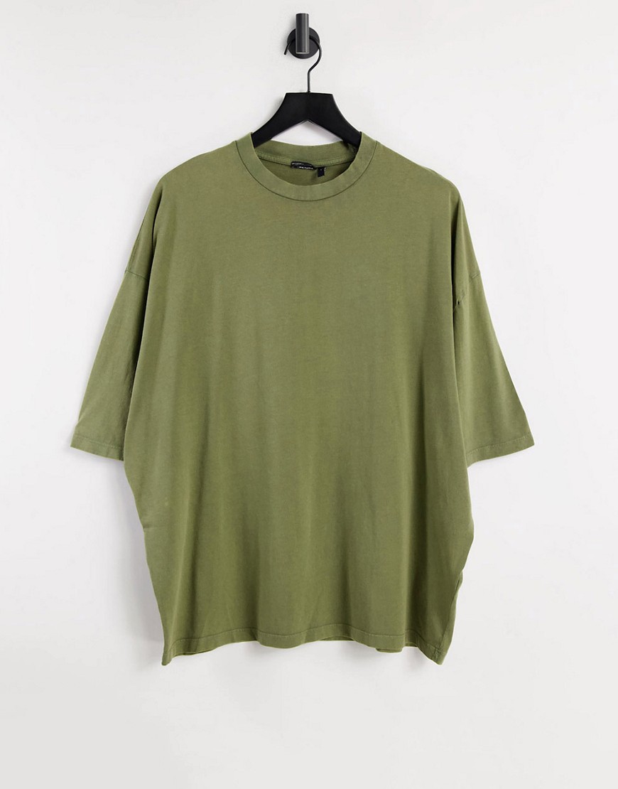 ASOS DESIGN oversized t-shirt with acid wash in khaki organic cotton-Green