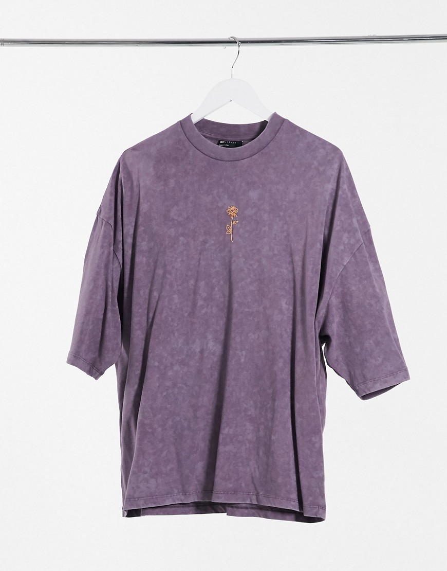 Asos Design Plus Oversized T-shirt With Acid Wash And Rose Embroidery In Purple