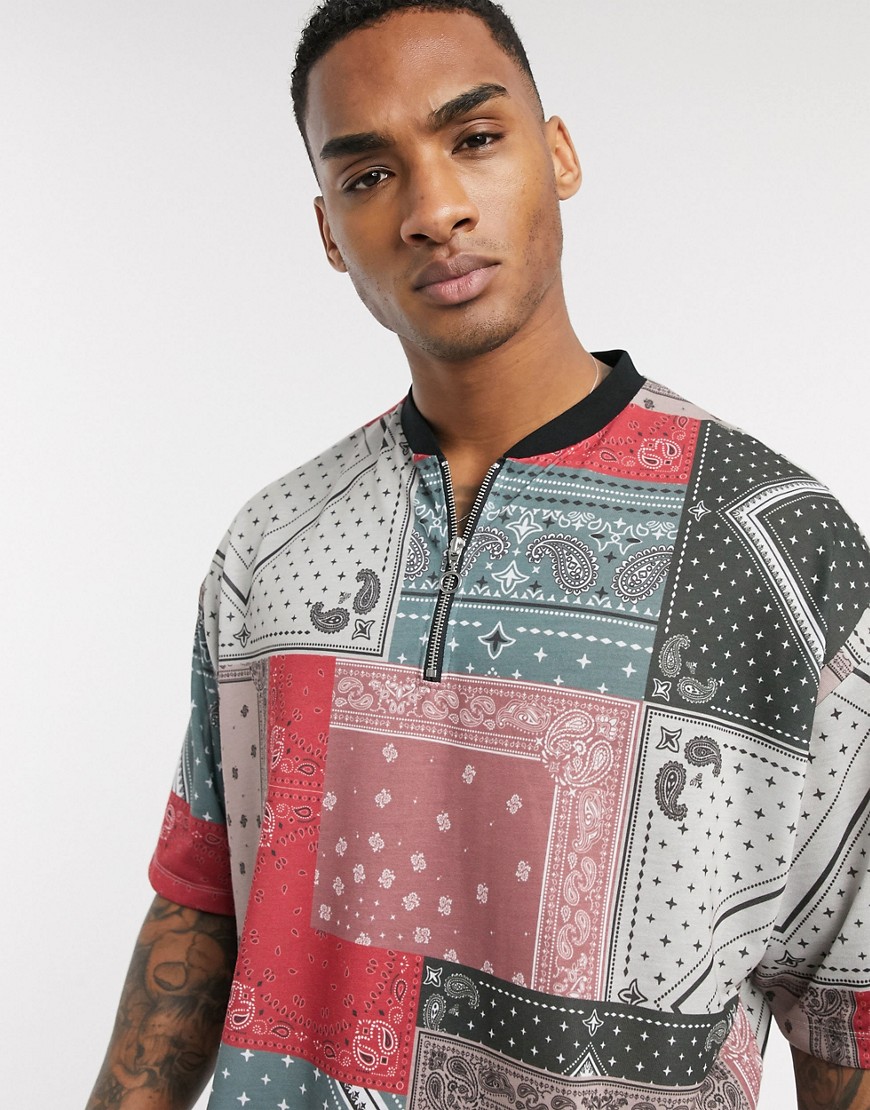 ASOS DESIGN oversized t-shirt with all over paisley patchwork print and zip neck-Multi