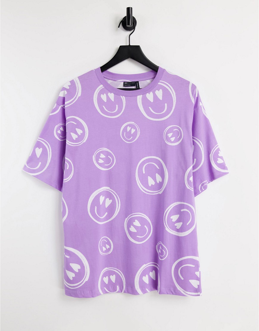 ASOS DESIGN oversized t-shirt with all over smile print in lilac-Purple