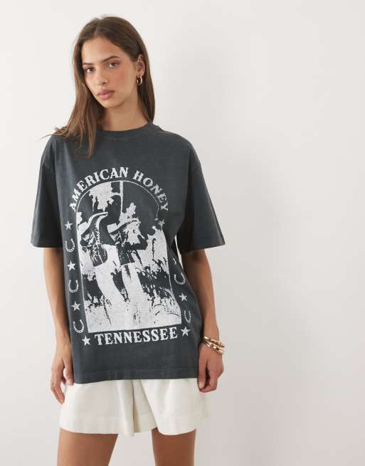 ASOS DESIGN Oversized T-shirt with American honey western graphic in washed charcoal, 2 of 4