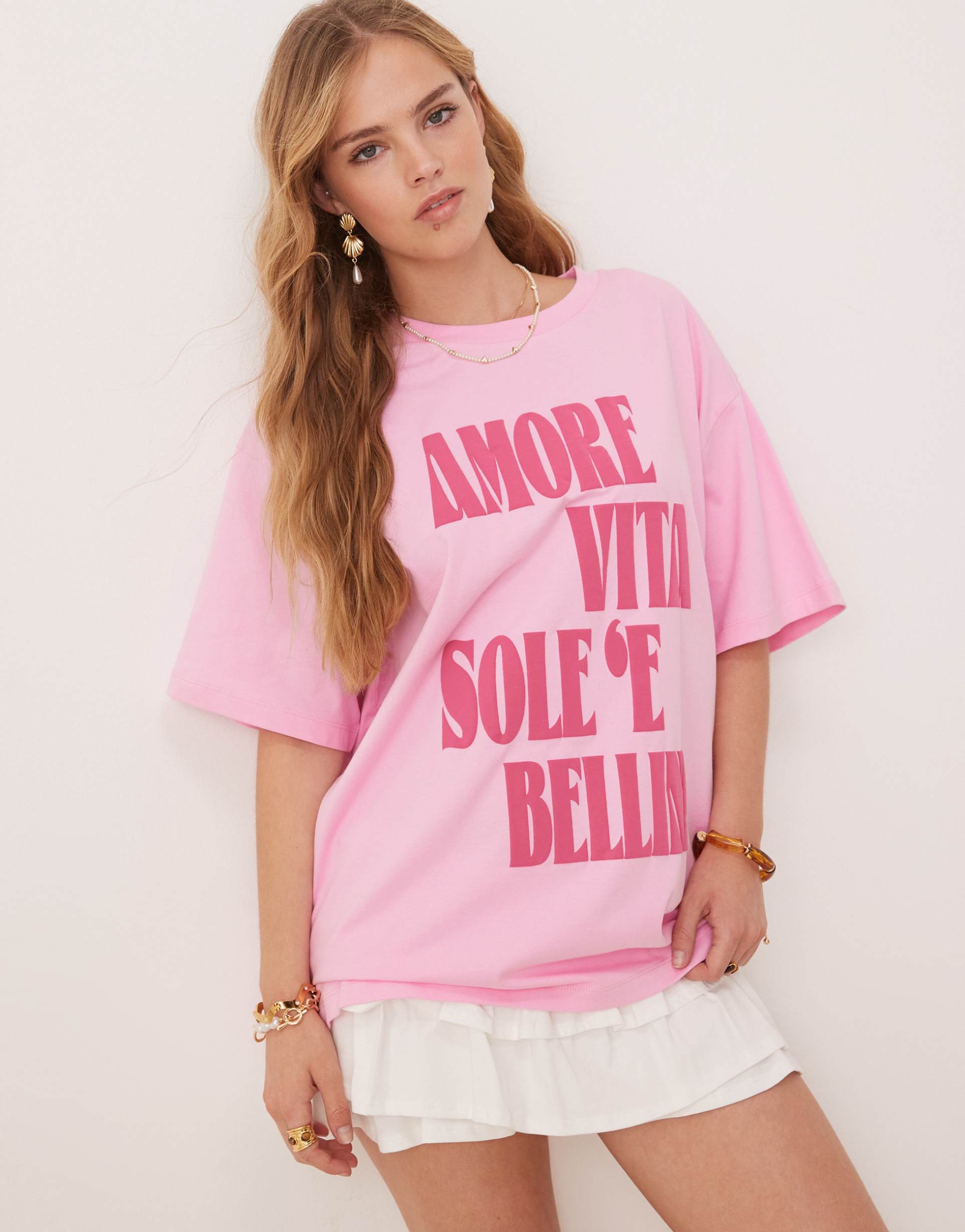 asos design oversized t-shirt with amore bellini graphic in pink