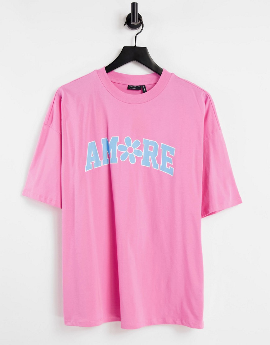 ASOS DESIGN oversized t-shirt with amour graphic in bright pink