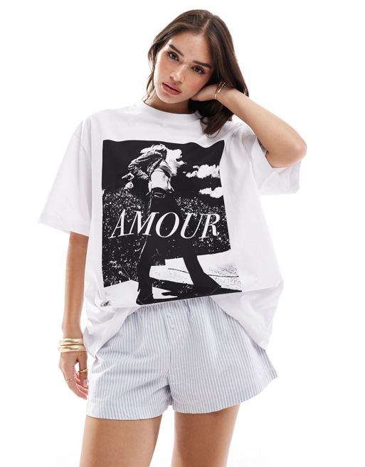 FhyzicsShops DESIGN oversized t-shirt with amour magazine photographic in white
