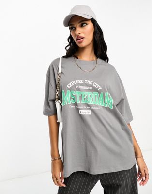 ASOS DESIGN oversized t-shirt with amsterdam graphic in charcoal