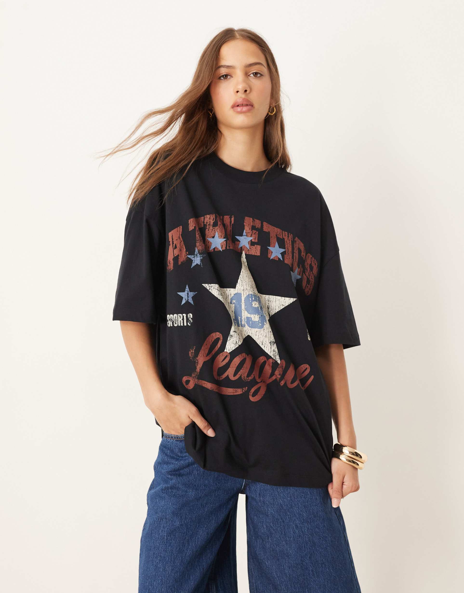 asos design oversized t-shirt with athletics league graphic in black
