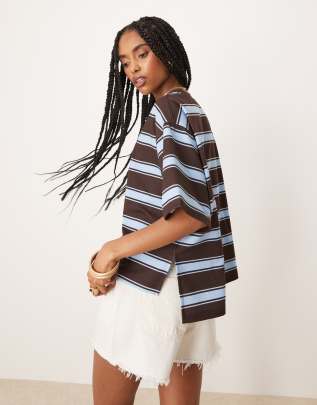 ASOS DESIGN oversized t-shirt with baby blue and chocolate stripe