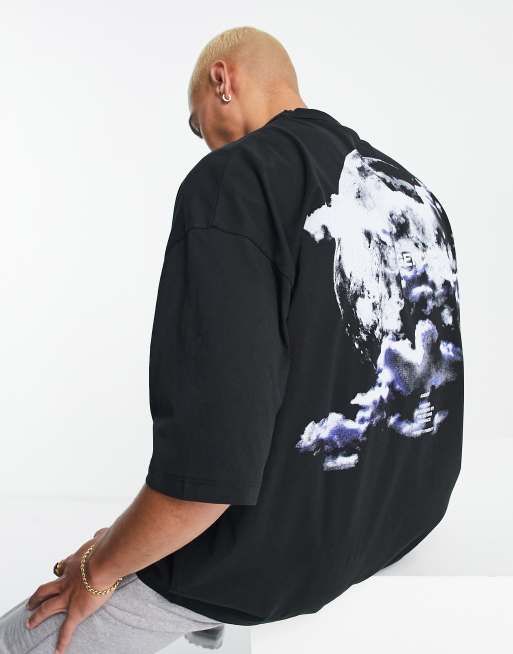 Asos Design Oversized T Shirt With Back Moon Cloud Print In Black Asos