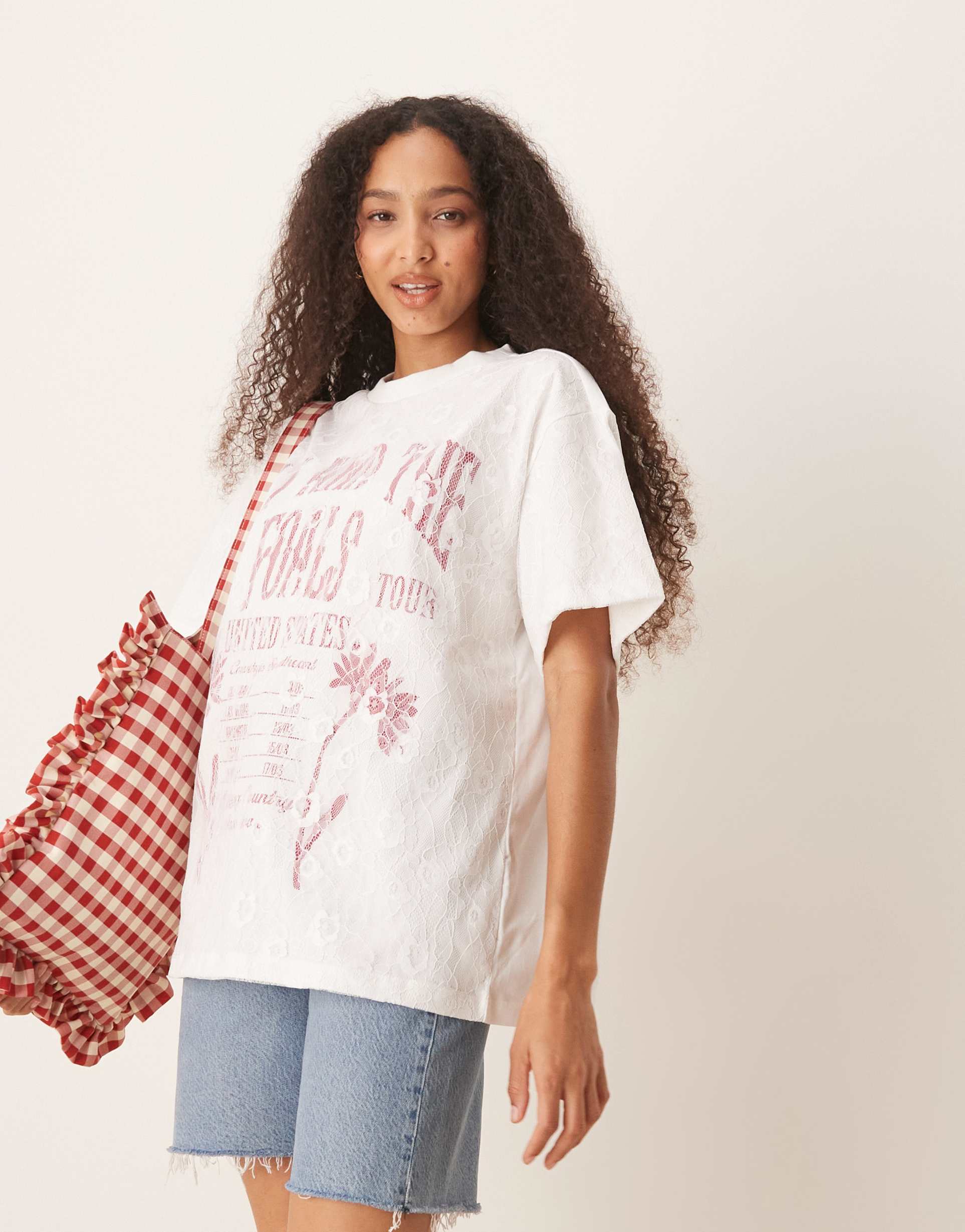 asos design oversized t-shirt with band graphic and lace overlay in white