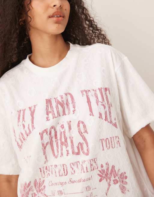 ASOS DESIGN oversized t-shirt with band graphic and lace overlay in white, 2 of 4