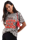 ASOS DESIGN oversized t-shirt with band slogan in leopard print-Multi