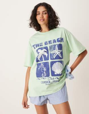 Asos Design Oversized T-shirt With Beach Graphic In Green