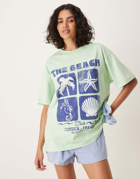 ASOS DESIGN oversized t-shirt with beach graphic in sage green - view 1