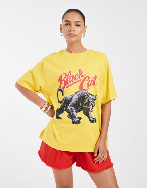ASOS DESIGN oversized t-shirt with black cat graphic in yellow, 2 of 4