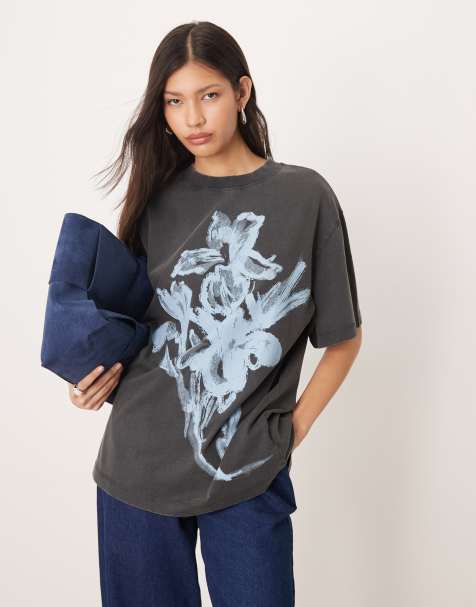 ASOS DESIGN  oversized t-shirt with blue floral graphic in washed charcoal