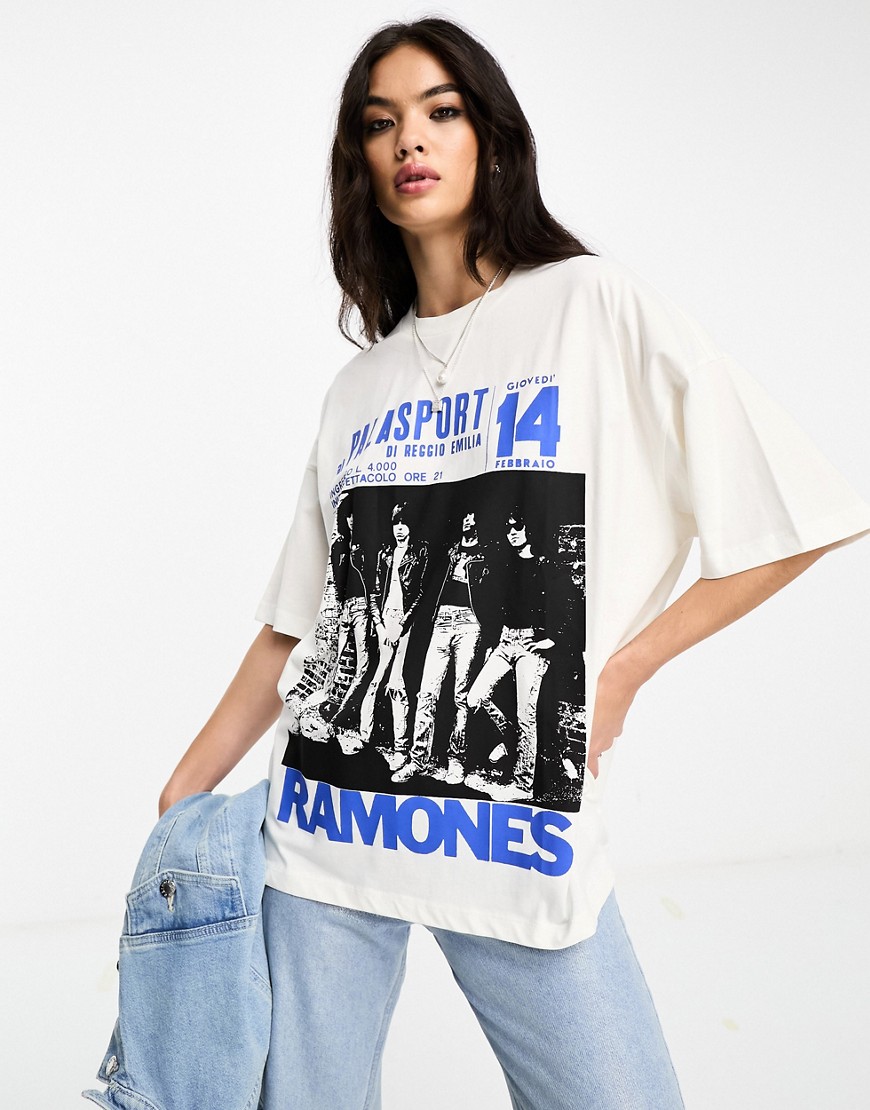 ASOS DESIGN oversized t-shirt with blue Ramones licence graphic in cream-White