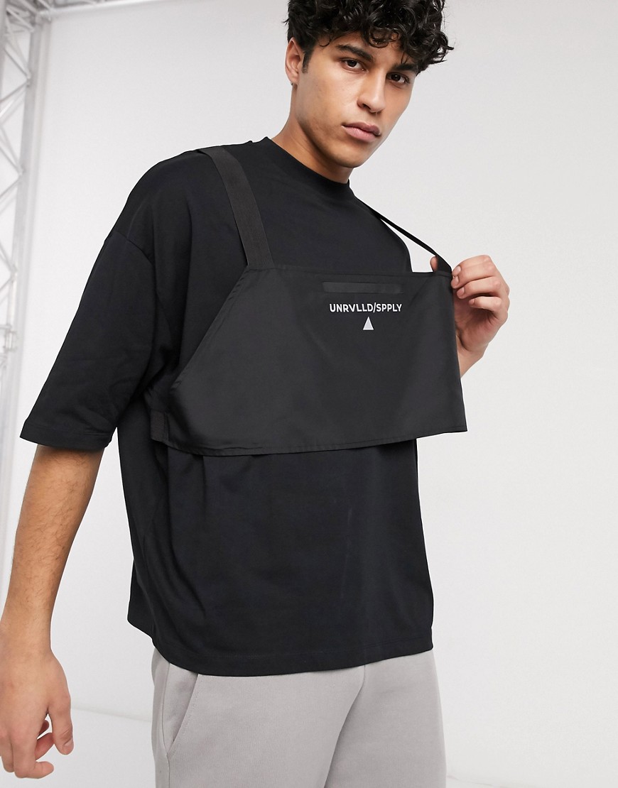 ASOS DESIGN oversized t-shirt with body harness and Unrivalled Supply logo in reflective print-Black