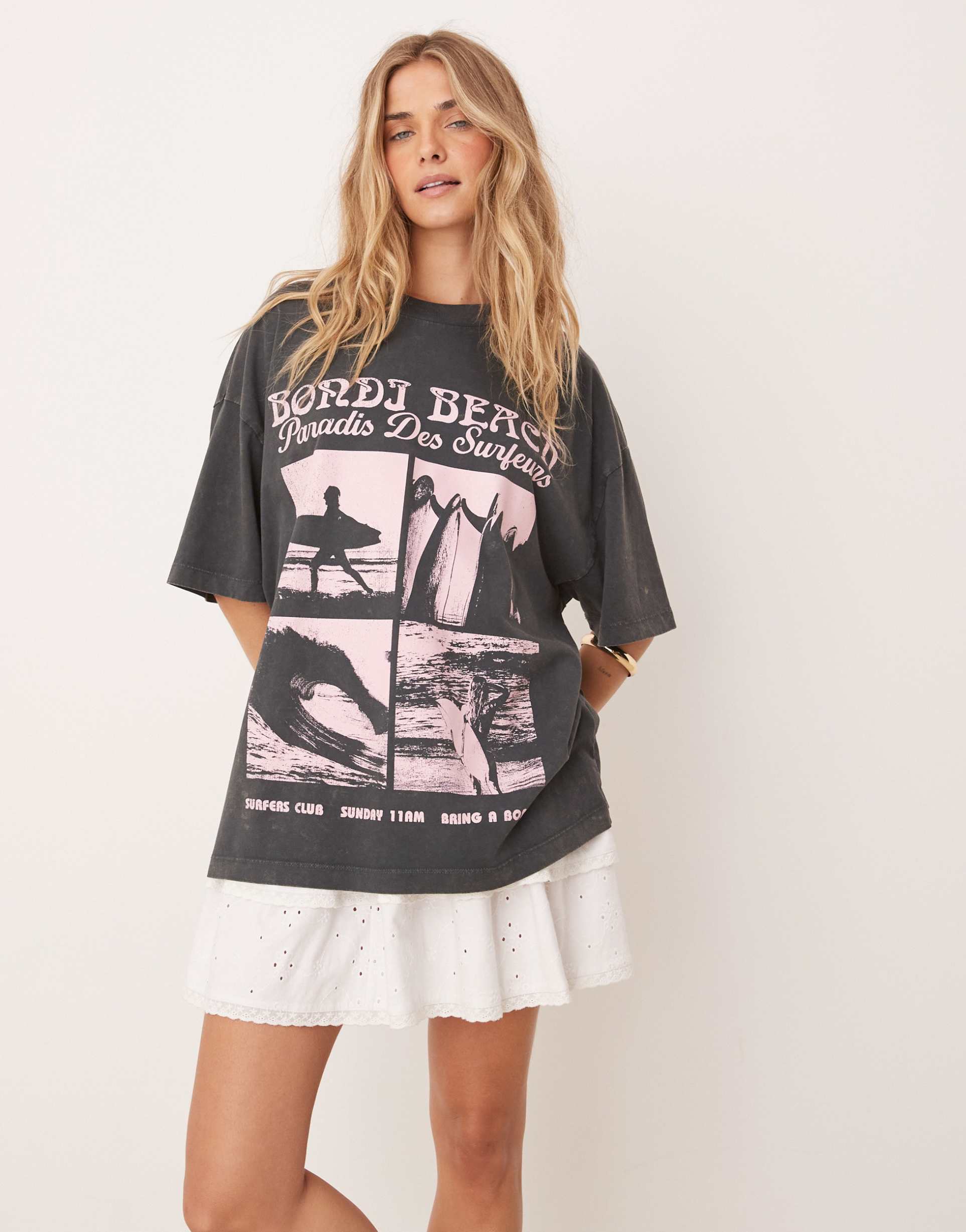 asos design oversized t-shirt with bondi beach surf graphic in washed charcoal