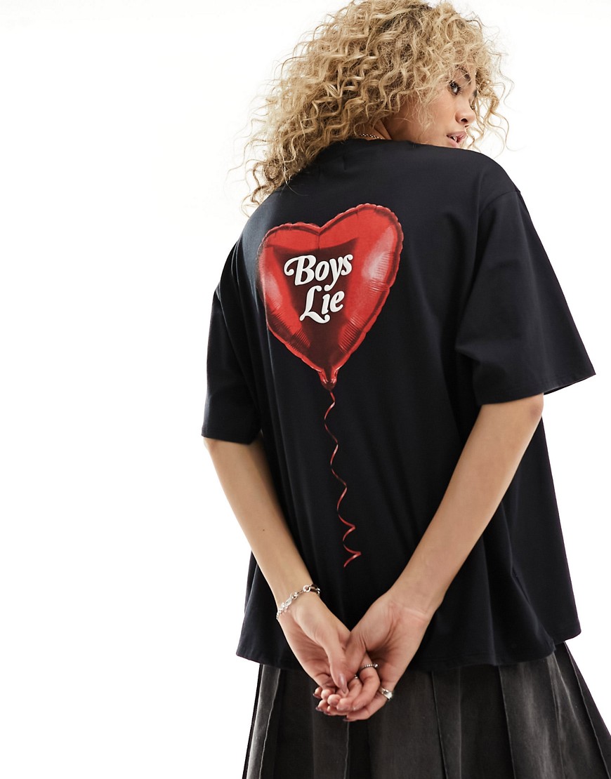 ASOS DESIGN oversized t-shirt with boys lie heart balloon graphic in black