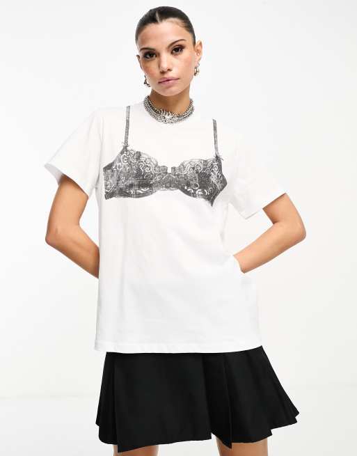 ASOS DESIGN oversized t shirt with bra graphic print in white