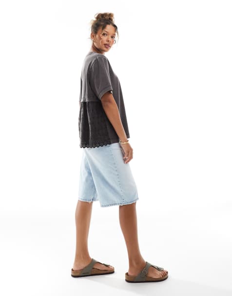 ASOS DESIGN oversized t-shirt with broderie back detail in washed charcoal - view 1