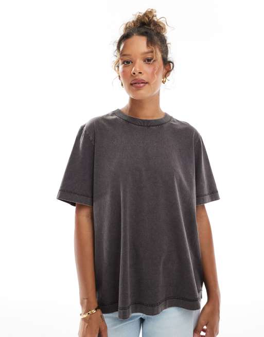 ASOS DESIGN oversized T-shirt with broderie back detail in washed charcoal, 2 of 4
