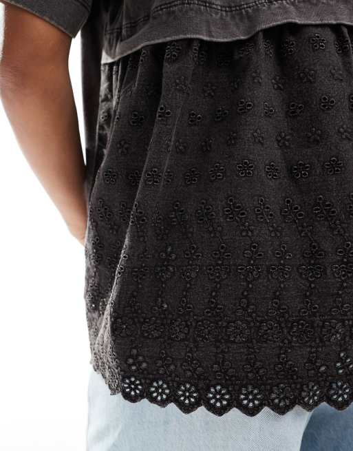 ASOS DESIGN oversized T-shirt with broderie back detail in washed charcoal, 3 of 4