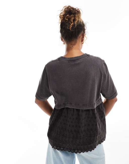 ASOS DESIGN oversized T-shirt with broderie back detail in washed charcoal, 4 of 4