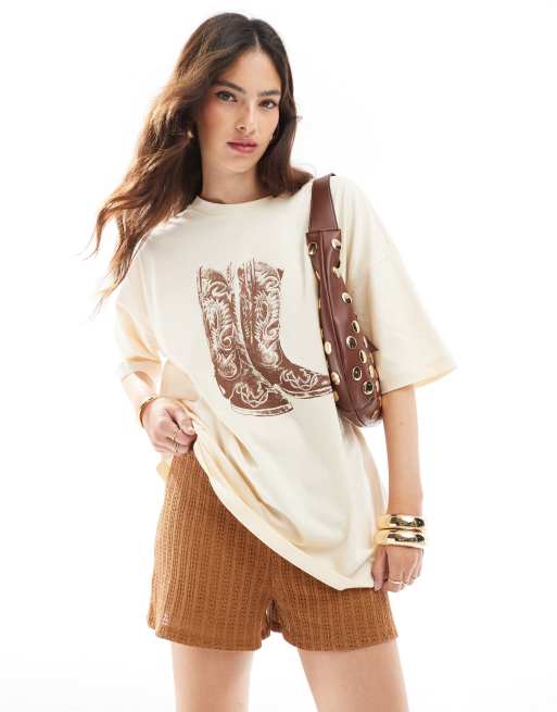 ASOS DESIGN oversized T-shirt with brown cowboy boot graphic in ecru, 3 of 4