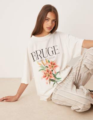 Asos Design Oversized T-shirt With Bruge Flower Graphic In White