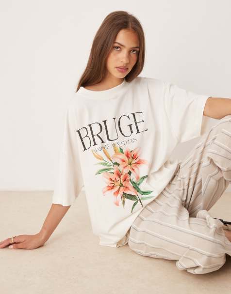 ASOS DESIGN oversized t-shirt with Bruge flower graphic in cream - view 1