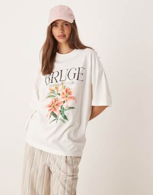 Asos Design Oversized T-shirt With Bruge Flower Graphic In Neutral