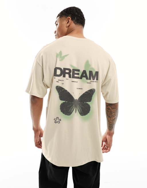 ASOS DESIGN oversized t-shirt with butterfly back print in beige, 3 of 3