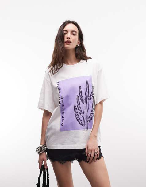 ASOS DESIGN oversized t-shirt with cactus graphic in lilac and white - view 1