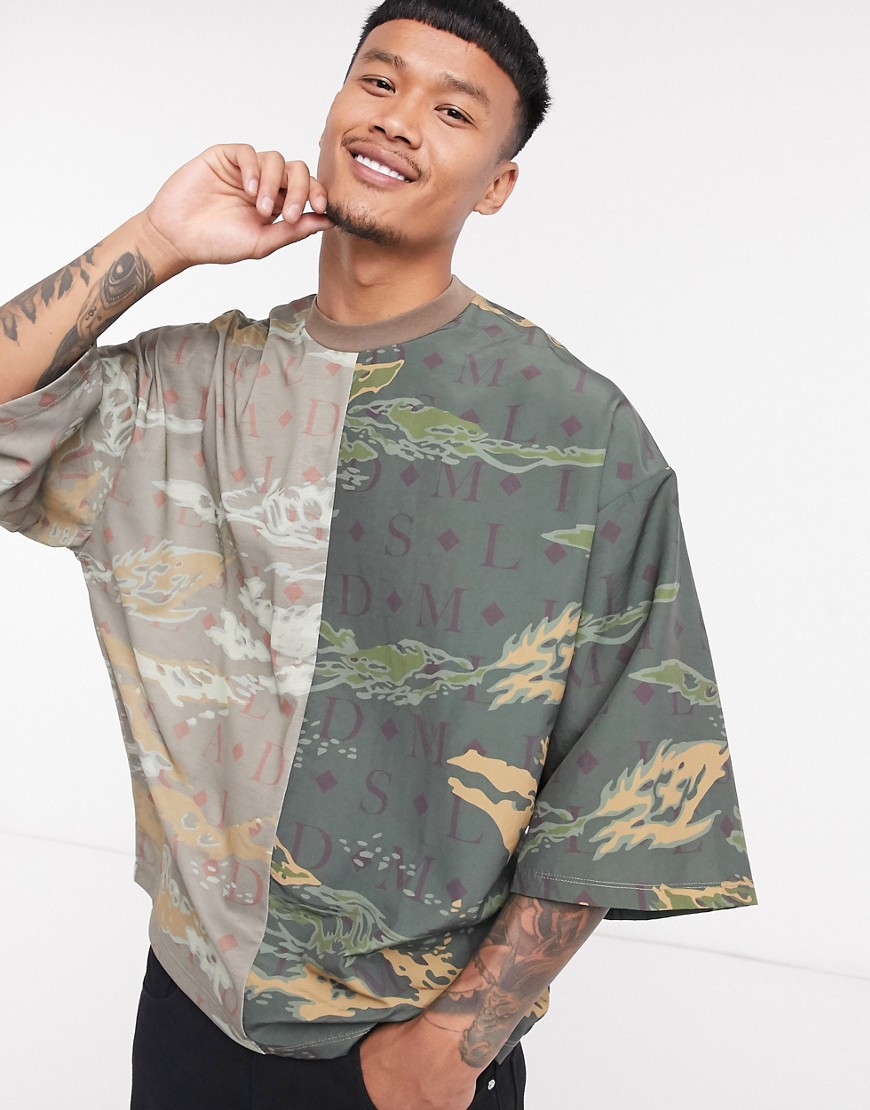 ASOS DESIGN oversized t-shirt with camo splice print in nylon and jersey with 3/4 wide sleeve-Multi