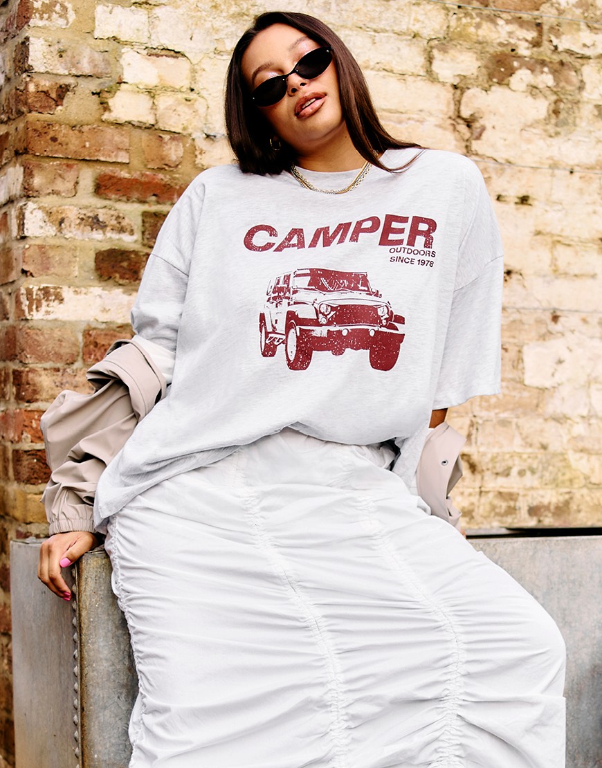 ASOS DESIGN oversized t-shirt with camper outdoors graphic in ice marl-Grey