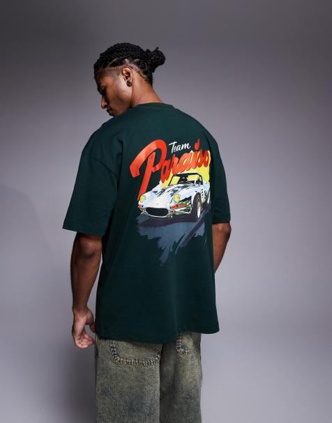 ASOS DESIGN oversized t-shirt with car graphic in dark green - view 1