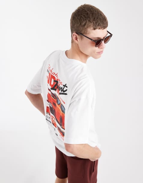 ASOS DESIGN oversized t-shirt with orange car graphic in white